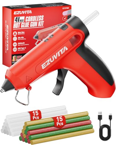EZUVITA Pistolet à Colle Chaude sans Fil Rouge 4V, 30 Bâtons de Bolle Multicolores, Pistolet à Colle Electrique-Arrêt Automatique, Chargement USB-C, Chauffage Rapide pour Bricolage, Décoration