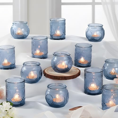 Ligtmor 24 portacandele blu vintage – Portacandele in vetro per feste, matrimoni, decorazione da tavolo