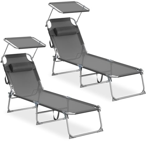 SONGMICS Set da 2 Sedie a Sdraio Pieghevoli, 189 x 53 x 28,5 cm, con Cusicni, Lettini Prendisole, Portata 110 kg Ciascuno, Parasole e Schienale Regolabili, per Terrazza e Balcone, Grigio GCB292GZ02