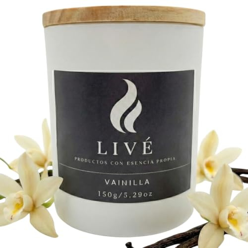 LIVÉ Vela Aromática de Vainilla en Frasco de Cristal Tintado con Tapa de Madera, 35h de Duración, Cera de Soja 100% Natural, Perfume para Hogar, Decoración y Regalo, Reutilizable