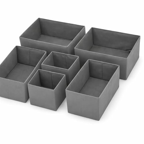 Organizer Cassetti Set 6 Pezzi in Tessuto Pieghevole – Scatole Organizer per Armadio e Cassetti, Contenitori Salvaspazio per Intimo, Calze, Biancheria, T-Shirt e Accessori – Grigio