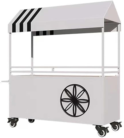 Bärbar Mobil Gatuförsäljare Matvagn, Järnmatvagnsdisplay med Tak och Hjul för Gata, Fester, Marknad(White,160cm/63in)