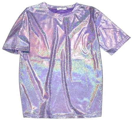 Haut métallique à paillettes brillantes à manches courtes pour femme - T-shirt disco scintillant - Chemisier rétro pour carnaval, fête, Nouvel An, mariage, costume de carnaval