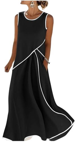 Robe Ete Femme Longue Fluide sans Manches Col Rond Froncé Poche Boheme Chic | Matière lin coton mat élégant sans brillance, combiné sac bandoulière paille, adapté visite jardin botanique
