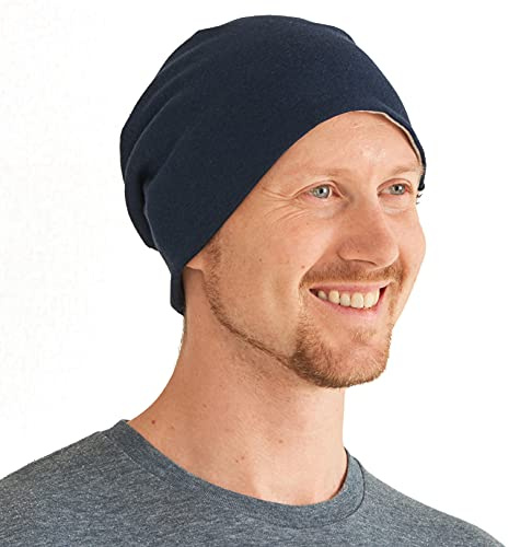 Beanie Uomo e Donna in 100% Cotone Organico, Elegante Cuffia Chirurgica & Chemio Unisex, Cappello Uomo per Pelle Sensibile Invernale Ed Estivo Marino E Grigio Chiaro