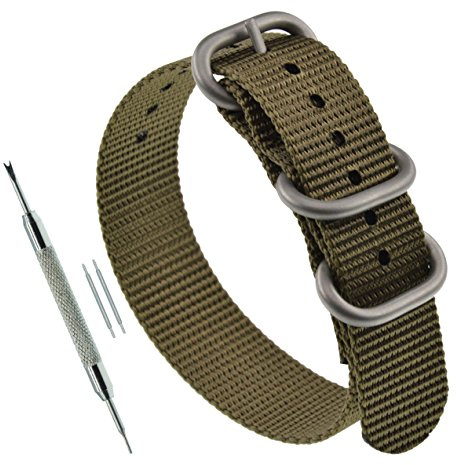 MZBUTIQ 20mm Khaki Militär Nylon Uhrenarmband Uhrband für Herren Matte Silberne Schnalle 3 Ringe