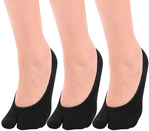 Flammi Women's 3 Pairs No Show Two Toe Socks Cotton (Black)