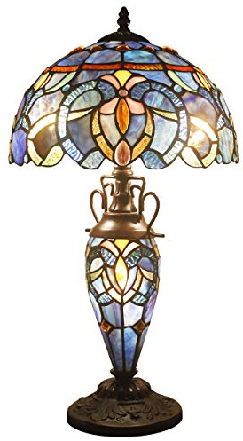 WERFACTORY Tiffany Table Lamp Stained Glass Night Light Base 3 Light Blue Purple Clould Style 12X12X22 Inches Desk Reading Lighting for Living Room Bedroom S558 Series