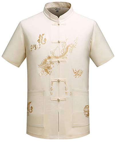 keepmore Hommes Chinois Traditionnel Manche Longue/Manche Courte Col Montant Costume Tang avec Dragon Désign Tai Chi Chemise Kung Fu Uniforme Vêtements d'entraînement