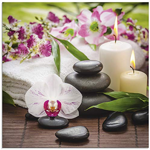 ARTland Wanddeko Glasbilder Wandbild Glas Bild einteilig 40x40 cm Quadratisch Wellness Zen Steine Spa Orchideen Bambus Relax Pink Rosa K3AD