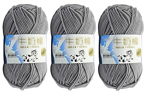 Ovillo de hilo de algodón para tejer de 50 g, hilo de lana para ganchillo, suave, grueso, para tejer a mano (3 ovillos, gris)