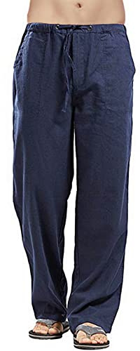 Pantalones de lino de colores sólidos para hombre, ajuste relajado, pantalones de yoga casuales, pantalones de pierna recta, azul marino, XL