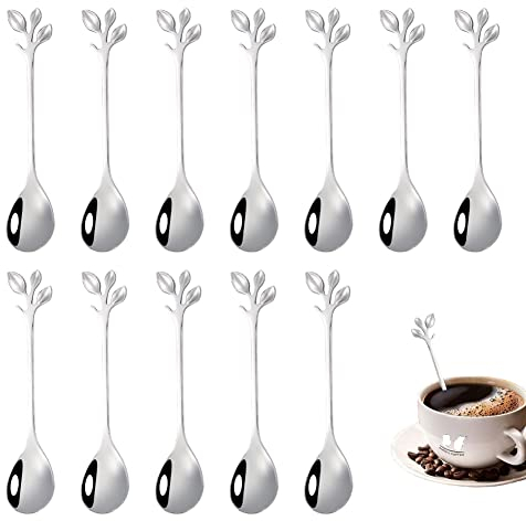 12 pièces de cuillère à café en feuille d'acier inoxydable, cuillère café, Petite Cuillère à Dessert en Acier inoxydable, mini cuillère à dessert design branche, utilisé pour l'eau thé lait café…