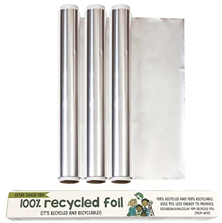 Eco Green Living Aluminiumfolie, extra tjock återvunnen köksfolierulle för matlagning, grillning och matinslagning, dispenser med skärkant, 10 m x 30 cm bred - Triopaket