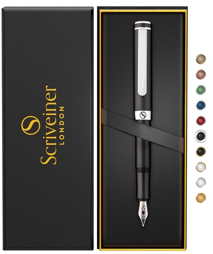 Scriveiner Luxus EDC Füllfederhalter (Fein), Mattschwarzer Taschenfüller, verchromt, deutsche Schmidt Mine, Konverter, Schreibgeräte-Geschenkset für Mann und Frau, toller Designerstift fürs Büro