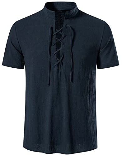 LUYANA Herren Leinen Hemd Klassisch Schottisch Jacobit Ghillie Kilt Men Shirt Marine L