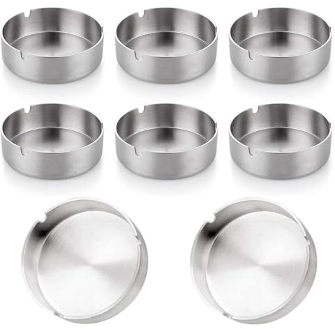 Posacenere, 8 pezzi, set di posacenere rotondi in acciaio inox da 8 cm per interni ed esterni (argento, 8 pezzi)