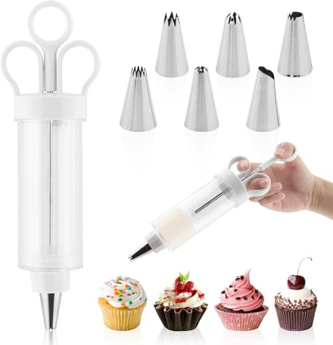 CALIDAKA Dessert Decorating Syring-e Set, Cupcake Frosting Filling Injecto-r with 6 Icing Nozzles,Cake Decorating Gu-n,Cream Piping Syring-e Nozzles Kits for DIY Cake Decorator, White