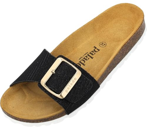 Palado Pantoletten Damen Malta EGS Glitter - elegante Sandalen Made in Spain - bequeme Hausschuhe mit Kork-Fußbett - modische Sommerschuhe Schwarz UK9 - EU42
