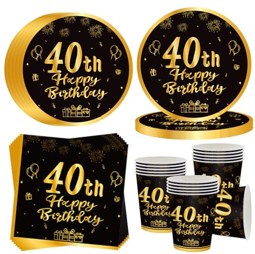 OMZSXK Vaisselle de fête d'anniversaire pour 16 invités - Noir et or - Assiettes de fête d'anniversaire - 40e anniversaire - Assiettes en carton - Gobelets - Serviettes pour hommes et femmes