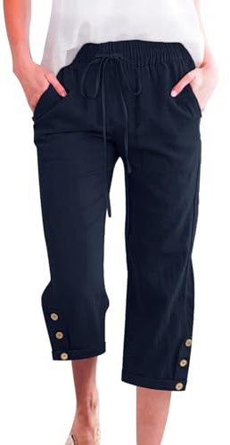 Voqeen Pantaloni Donna Estivi Leggeri Pantaloni Capri in Cotone con Elastico Vita Comodi 3/4 Pantaloni Larghi con Tasche Tinta Unita Casual