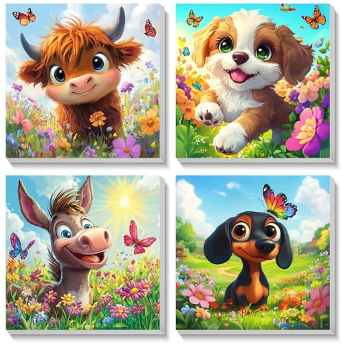 Bowetile 4 Pack Animal Pintar por Numeros Adultos Niños Principiantes con Marco, Kit DIY Cartoon Cuadros para Pintar por Numeros, Pintura Acrilica Manualidades Niña, Regalo 4-8-12+ Años 20X20cm
