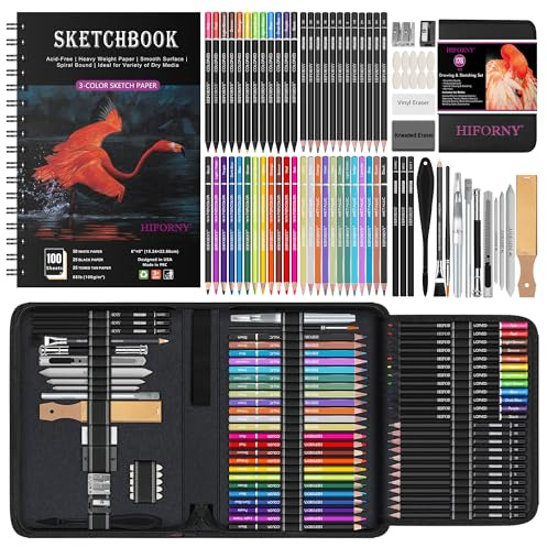 HIFORNY 176 PCS Art Supplies Drawing Set Sketching Kit with 100 Sheets 3-Color Sketchbook,Graphite Colored Charcoal Watercolor & Metallic Pencils,Blending Tools and More, for Beginner Artists