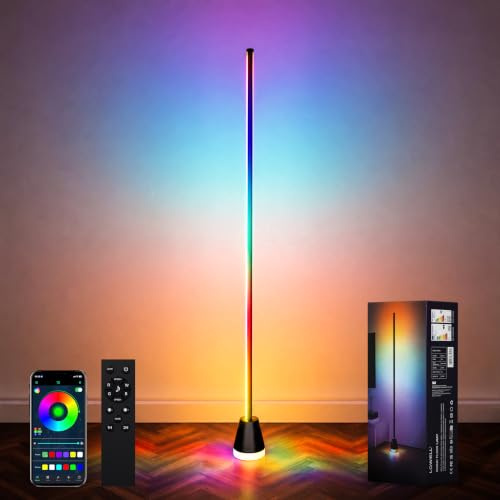 LQWELL Lámpara de pie LED RGBIC regulable, lámpara de esquina inteligente de 150 cm con control remoto, aplicación, 16 millones de colores, modo de música DIY, función de temporizador