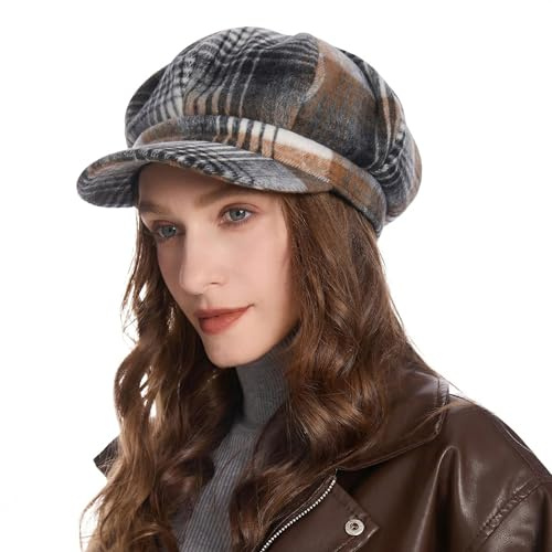 ZYLC Casquette Chaude à visière Béret Bonnet d'hiver Bonnet Ballon Design Classique, Motif à Carreaux Blanc et Gris foncé, Taille Unique