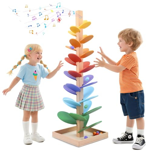 Montessori Sound Tree, 71CM Wooden Rainbow Musical Tree with 10 Colorful Balls, 6 Colors, Music Tree Wooden Marble Run, Singing Tower Rolling Ball Drop Toy, Toddler Montessori Toys Gift for Kids 3+