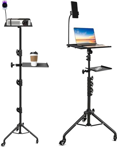 Projector Stand Tripod with 2 Shelves, Laptop Floor Stand with Casters,Projector Stand Adjustable Height 28.7 to 65 Inch with Phone Holder and Mouse Tray, Tripod Stand for Office, Home, DJ, Outdoor