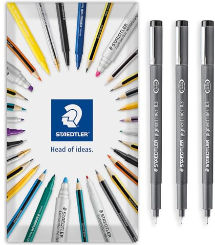 STAEDTLER 308 Pigment Liner Fineliner-penna – perfekt för att skriva, skissa, teknisk ritning, markera – svart bläck – i kuvert presentförpackning – paket med 3 (extra fin 0,3 mm)