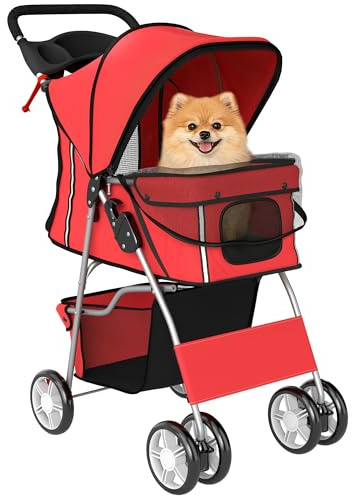 PawHut Carrito para Perros Plegable, Cochecito para Perros Pequeños con Cesta de Almacenaje, Ventanas de Malla, Portavasos, Ruedas de EVA, Cojín Lavable, Frenos, Carga 10 kg, 77x44x102 cm, Rojo
