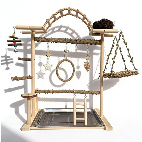 Mtiemxig Multi-Level Bird Play Stand with Rope & Bell Toys | Natural Wooden Parrot Play Stand with Ladder & Swing | Ideal for Small to Medium Birds | Great for Cockatiels & Parakeets