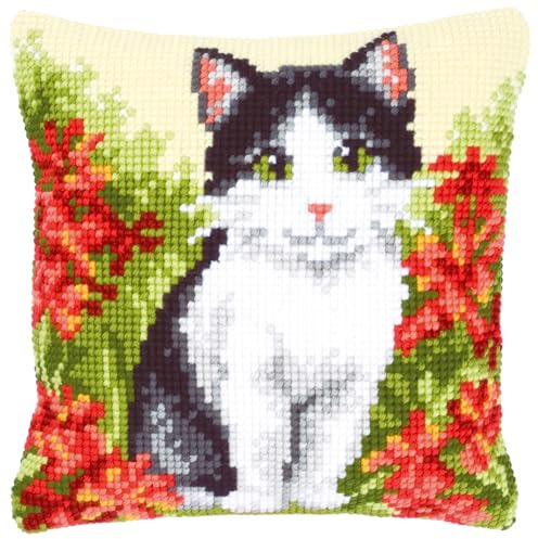 VERVACO Kit Cuscino Punto Croce Gatto nel Campo dei Fiori Set Ricamo Principianti Cuscini Gobelin Decorativi ca. 40 x 40 cm Accessori per Lavoretti Creativi DIY Casa Decor Hobby Adulti Cross Stitch