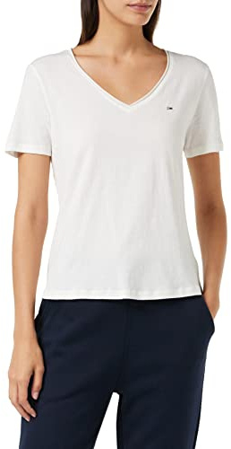 Tommy Jeans Tjw Slim Jersey V-ringad T-shirt för kvinnor, Vitt, XS