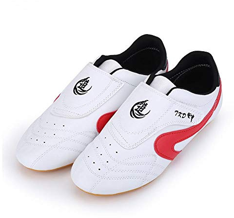 MENG Chaussures de Taekwondo, Arts Martiaux Sneaker Boxe Karaté Kung Fu Tai Chi Chaussures Noir Rayures Sneakers Chaussures Légères pour Hommes Femmes Adulte Enfants (Color : Red, Size : 45)