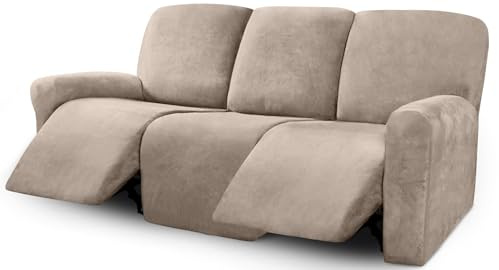 ULTICOR Velvet 8-Pieces Recliner Sofa Covers Stretch Reclining Couch Covers for 3 Cushion Reclining Sofa Slipcovers Furniture Covers Thick Soft Washable (3 Seater Recliner Cover, Taupe)