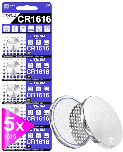 5Plus CR1616 3V Lithium Coin Cell Batteries – 5 Pack BR1616 ECR1616 Compatible, Button Battery for Watch, Car Remote, Key Fob & More