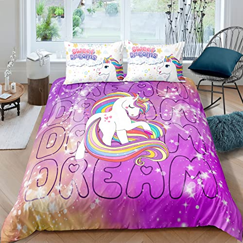Lunoroey Cartoon Rainbow Unicorn Bedding Duvet Cover Set Double Size for Girls Pink Luxury Galaxy Comforter Cover with 2 Pillowcases Ultra Soft Easy Care Microfiber Unicorn Quilt Cover
