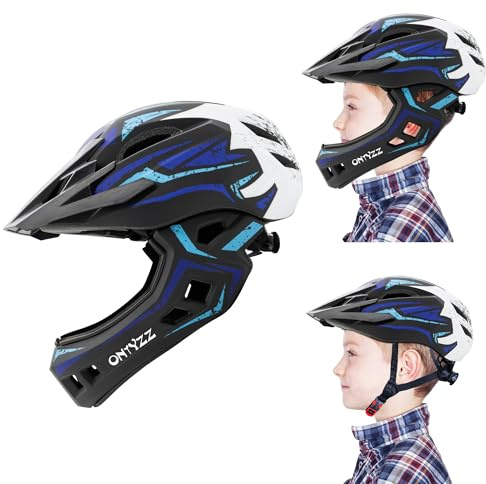 ONTYZZ Kids Bicycle Helmet Kids Adjustable Safety Full Face Helmet Lightweight Toddler Mountain Full Bike Helmet for Skating Cycling Scooter for Youth Child Boys Girls Ages Blue and White/M