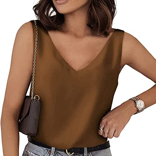FeMereina Womens Silk Satin Tank Tops V Neck Casual Cami Sleeveless Camisole Blouses Summer Basic Tank Shirt (Brown, XL)