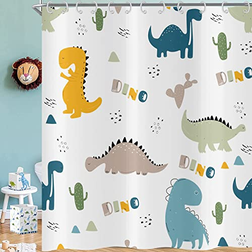 Hnmdmyi Cortina de Baño Infantil Dinosaurio de Dibujos Animados 180x200, Graffiti de Animales Lindos Dino, Tejido de Poliéster Impermeable Lavable