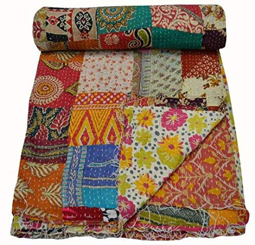 Estationeryhouse Indian Vintage patchwork Kantha Quilt Handmade Throw Reversible Blanket Bedspread Cotton Fabric BOHEMIAN quilt king size 90 x 108