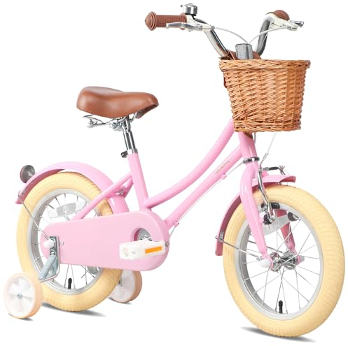 Glerc 12 Zoll Kinder Mädchen Fahrrad für 3 4 5 Jahre alt kleine Mädchen Retro Vintage-Stil Fahrräder mit Korb Training Räder und Glocke, Rosa