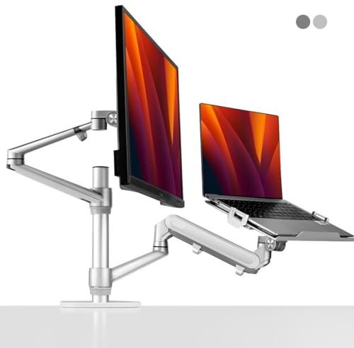 Alberenz® 2-in-1 Laptop- & Monitorhalterung mit Gasfeder, Verstellbarer Doppelarm-Ständer für 12-17 Laptops und 17-32 Monitore, ergonomisches Design, höhenverstellbar und neigbar, Farbe Silber