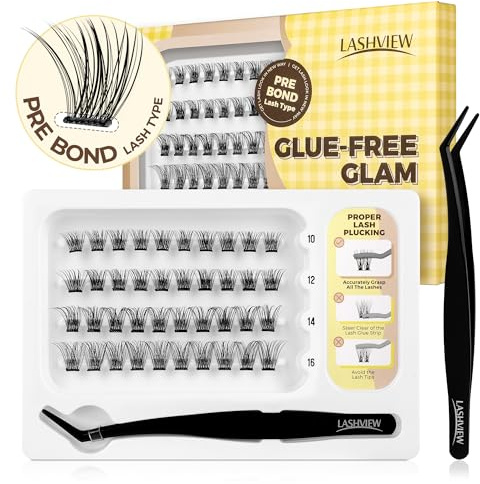 LASHVIEW Self Adhesive Lash Clusters Eyelashes,Press-on Lashes 10-16mm Individual Lash Extension Kit with Lash Tweezers,No Glue Needed Natural Self Adhesive DIY Eyelash Extension Kit (56PC)