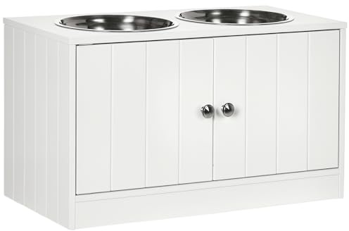 PawHut Ciotole per Cani Rialzate con Armadietto da 44L, Ciotole Rialzate in Acciaio Inox per Cani Grandi, 60x30x35.5cm, Bianco
