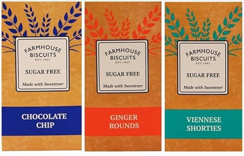 Farmhouse Sugar Free Biscuits For Diabetics Multipack Selection Vareity Box with zamfoods nutrition pack I Pack of 3 I - Viennese Shorties, Ginger & Choc Chip Cookies (Bundle 3)