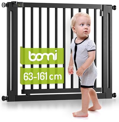 BOMI Treppengitter für Kinder Miko PEFC geprüftes Buchenholz | Ohne Bohren | 90° Stop |Kinderschutzgitter Holz öffnet in beide Richtungen | Tür- & Treppenschutzgitter Baby Hund | Breite: 123-131 cm